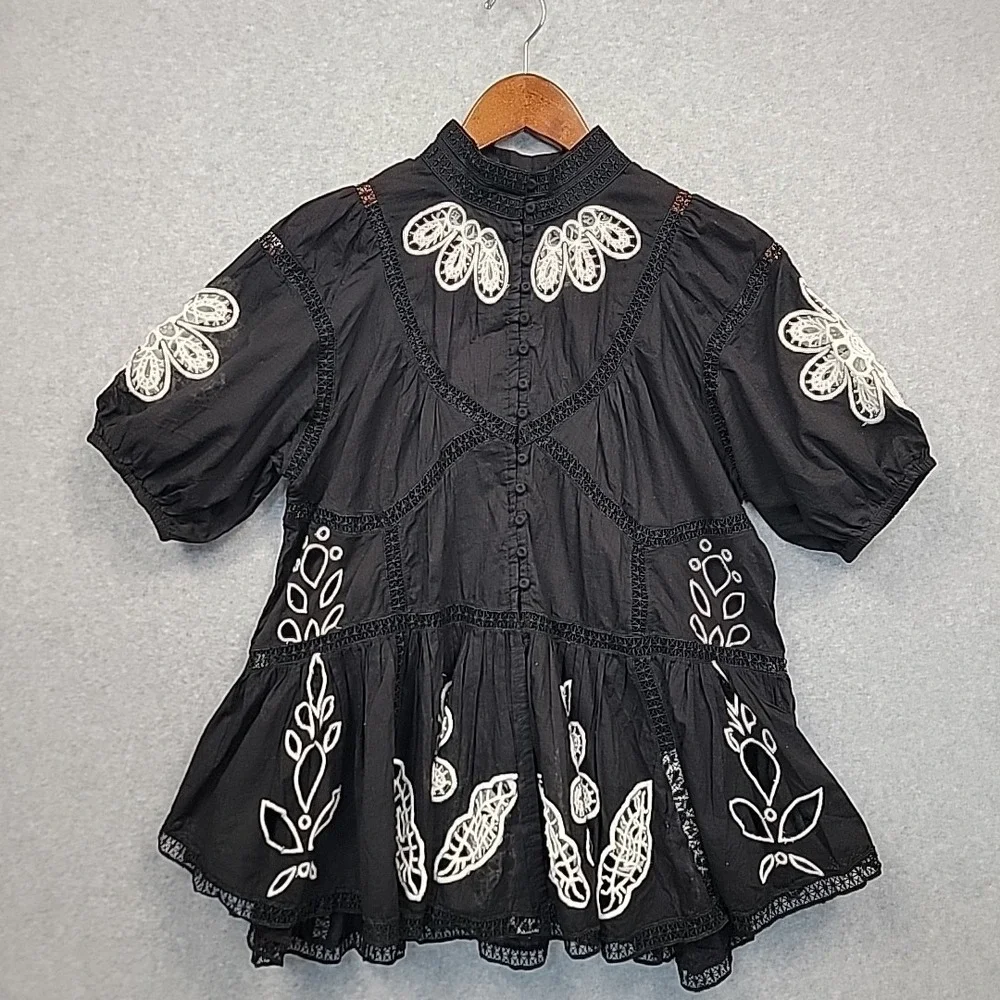 Forever‎ That Girl Anthropologie Black Blouse Top With Lace Embroidery Boho XS